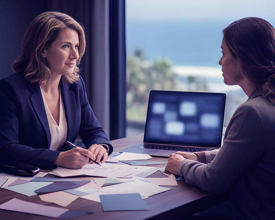 Financial advisor reviewing a household budget with a client in a calm Malibu office with coastal light