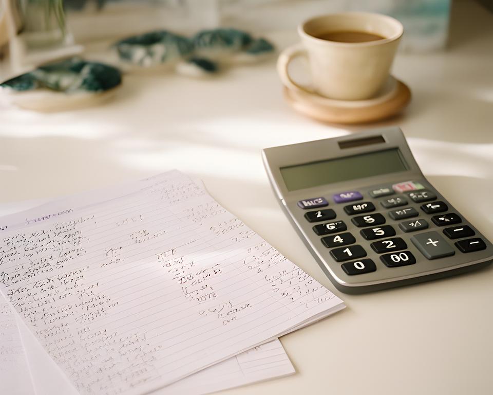 Handwritten monthly budget notes beside a calculator and coffee on a calm Malibu desk