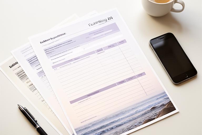 Printed California budget worksheet beside a pen, phone, and coffee on a clean coastal desk