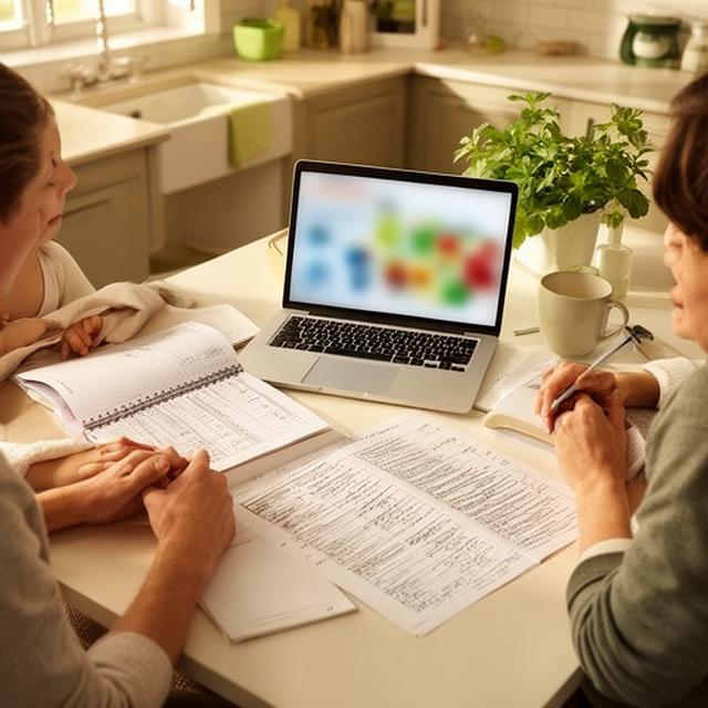 Family reviewing a savings plan at a kitchen table with a laptop and notebook