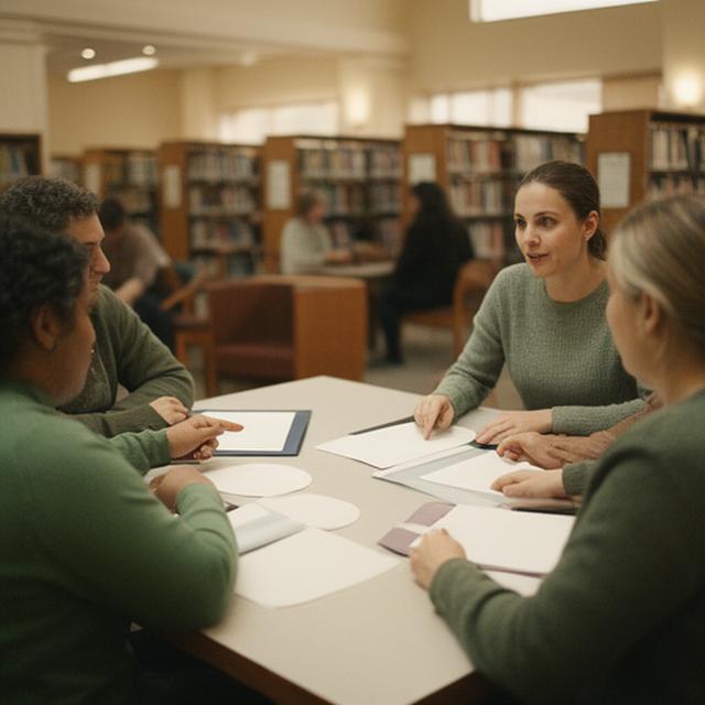 Small group learning budgeting basics in a Malibu library meeting room