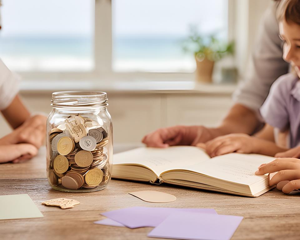 A family reviewing a savings jar beside a notebook at a calm coastal kitchen table