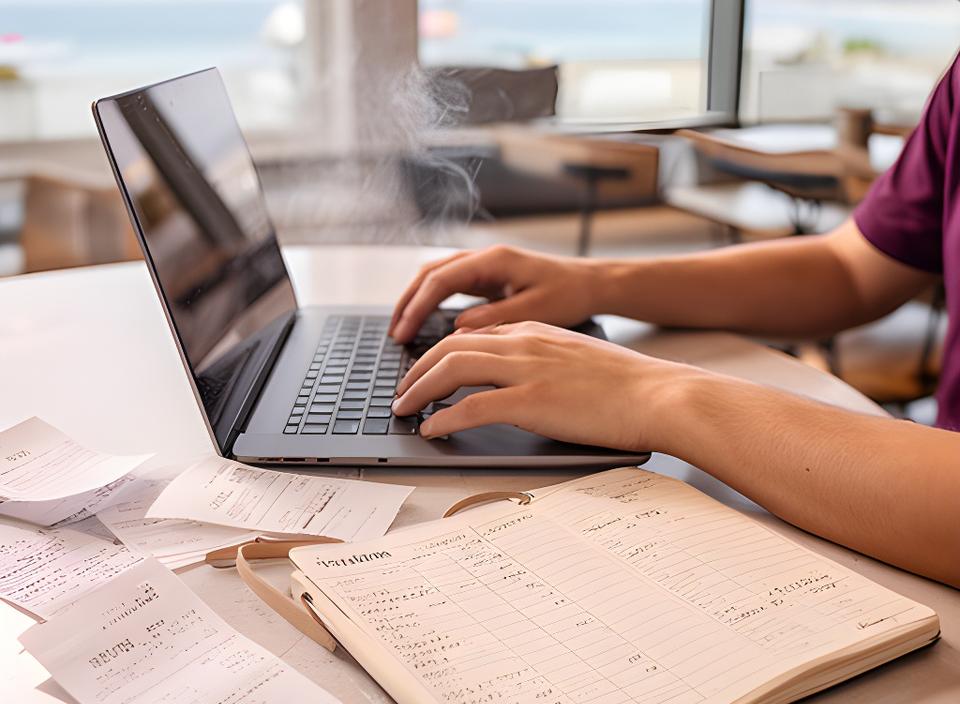 Freelancer working from a Malibu coffee shop with laptop, receipts, and a calm budgeting notebook