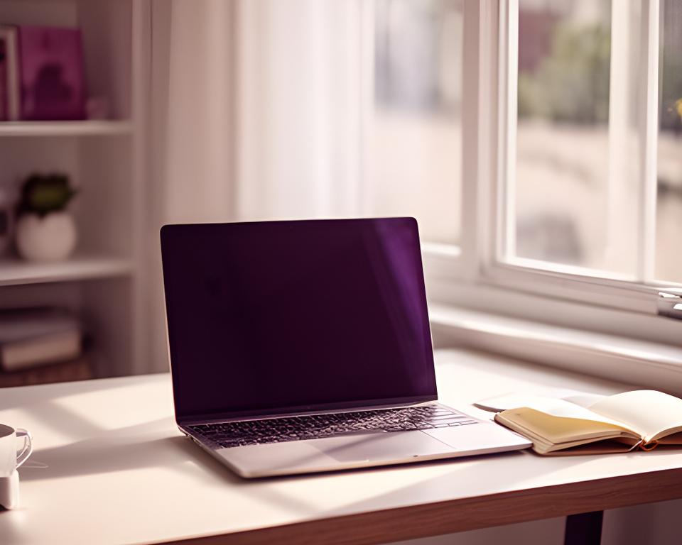 Calm California home office with a laptop, notebook, and daylight beside a Malibu window