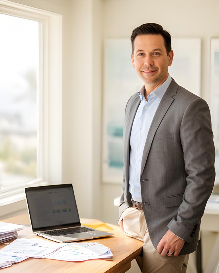 CFP advisor standing beside a desk with budgeting notes and a laptop in a bright Malibu studio