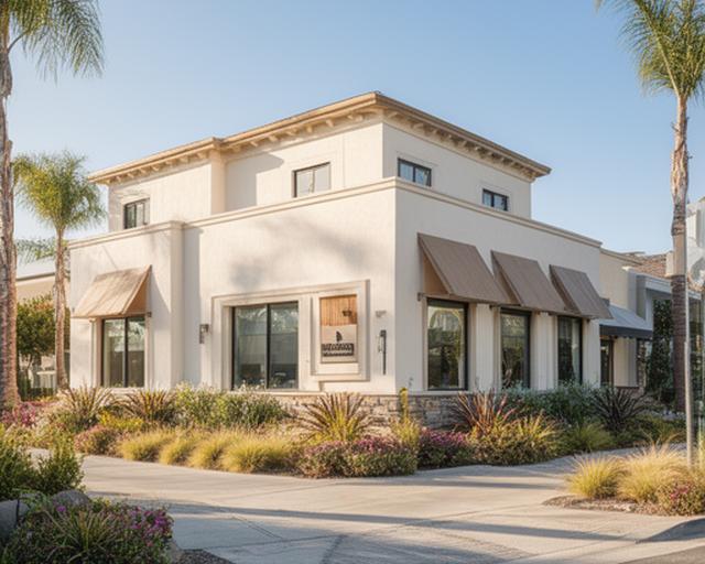 Welcoming Malibu office exterior with coastal light, clear signage, and a calm street view
