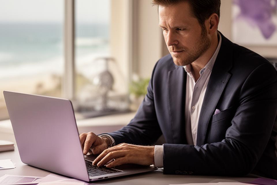 Financial advisor reviewing a privacy policy document beside a laptop in a calm Malibu office