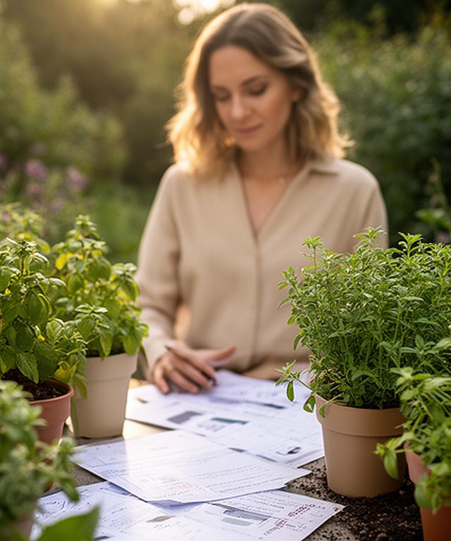 Financial consultant in a garden working through savings notes beside potted herbs