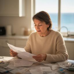 Galini Otiniano reviewing childcare receipts at a kitchen table with sunlight from a coastal window